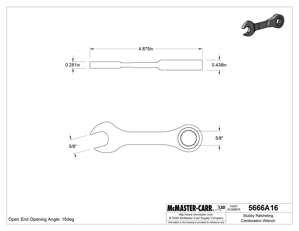 Technical Drawing of Stubby Ratcheting Combination Wrench, 5/8" Size, 4-7/8" Overall Length.